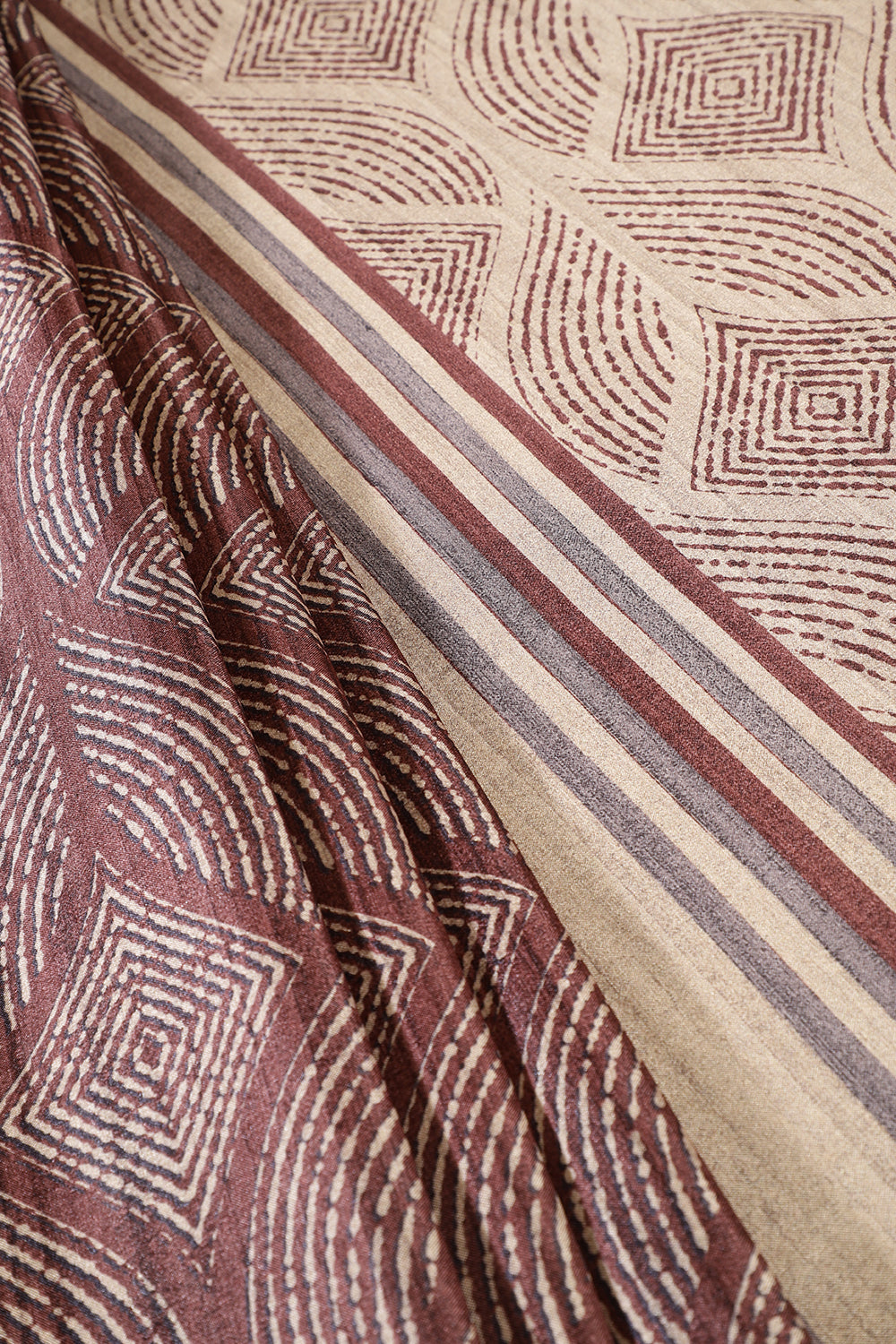 Beige & Brown Tussar Silk Printed Saree