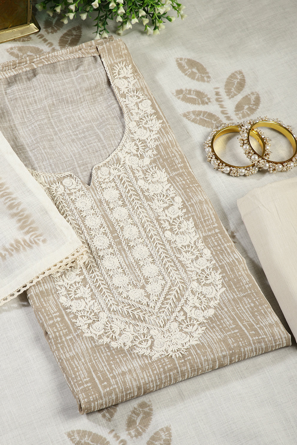 Tussar Colour Cotton Printed & Resham Neck Embroidered Unstitched Suit