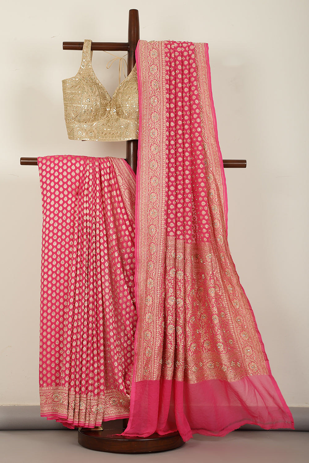 Pink Pure Khaddi Georgette Banarasi Saree with Paisley Small Butti & Zardozi Handwork