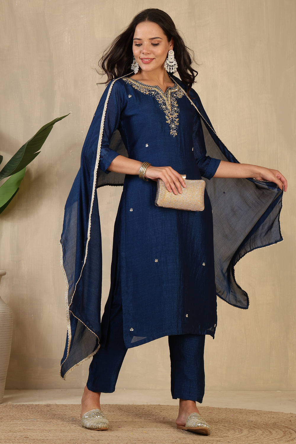 Navy Crepe Silk Neck Embroidered Suit