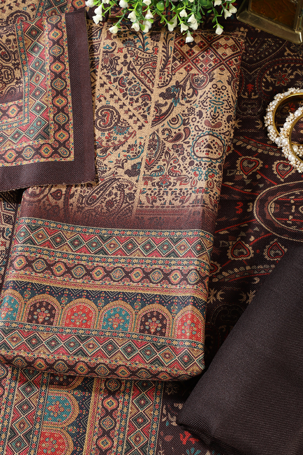 Brown Pashmina Digital Printed Unstitched Suit Material