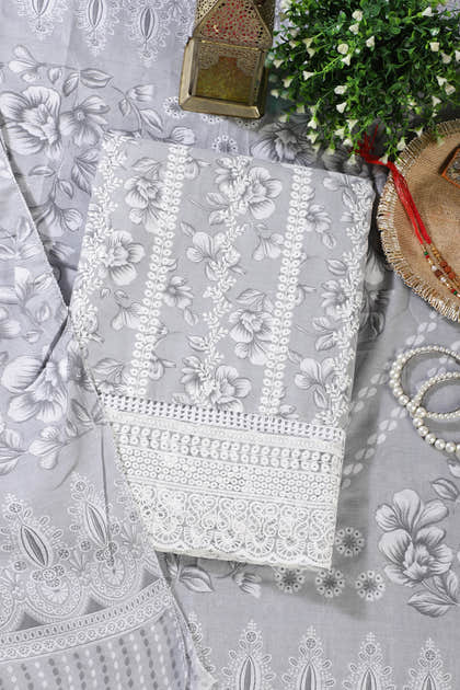 Grey Cotton Floral Printed And Resham Embroidered Unstitched Suit Material