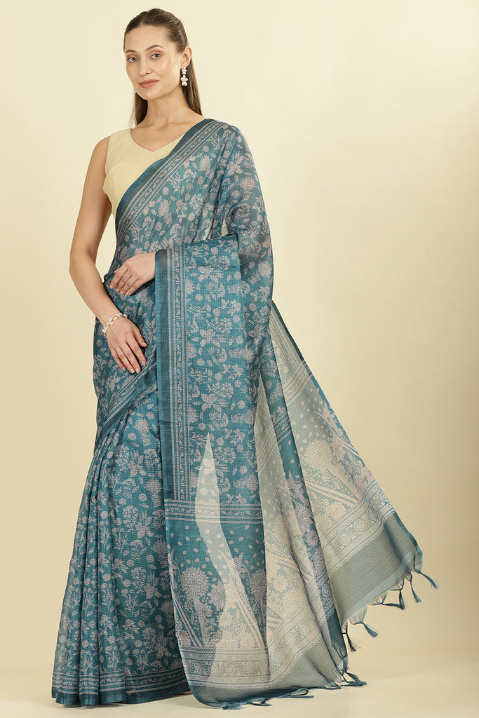 Teal Kota Cotton Floral Jaal Printed Saree