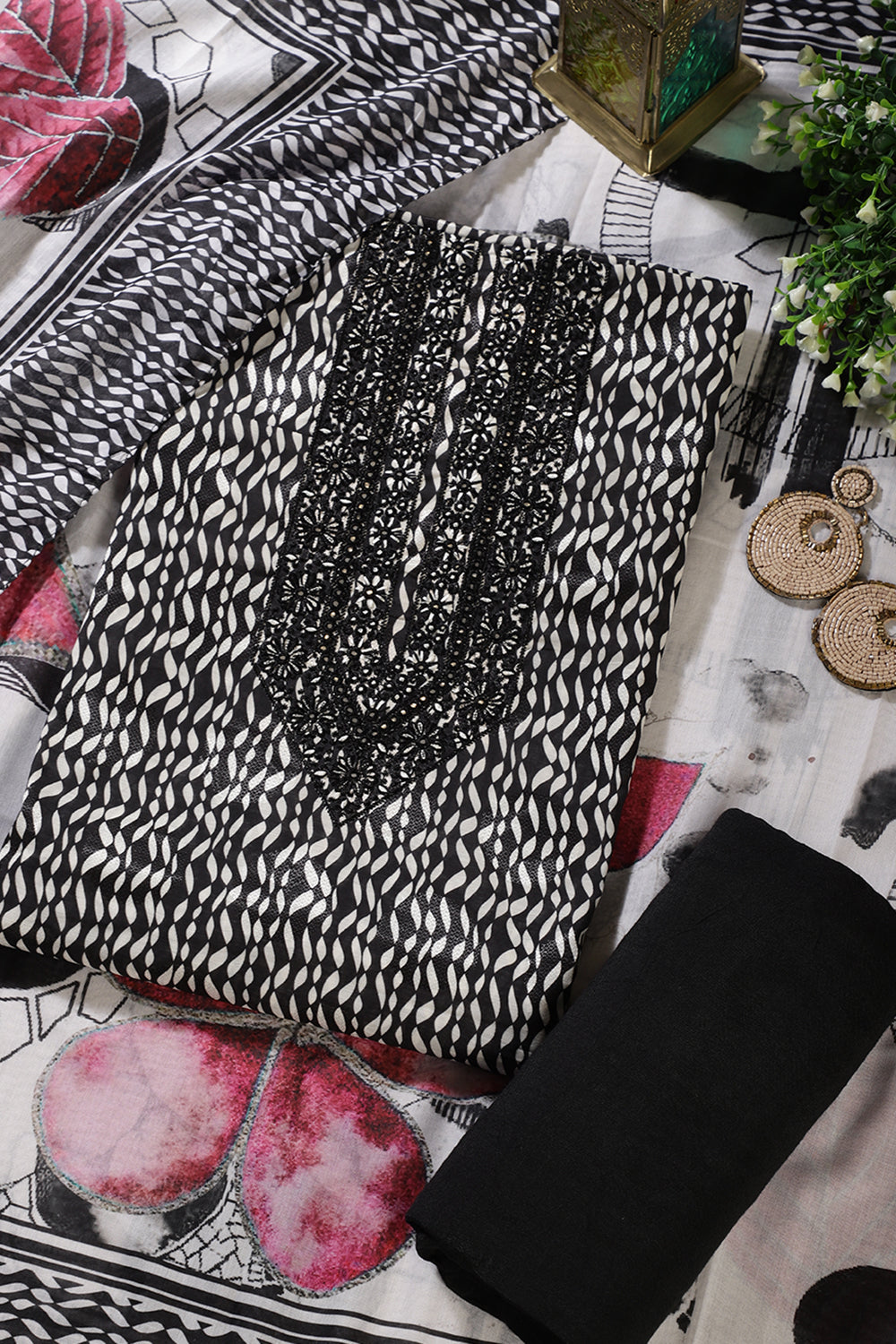 Black & White Rayon Cotton Printed & Neck Embroidered Unstitched Suit