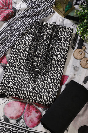 Black & White Rayon Cotton Printed & Neck Embroidered Unstitched Suit