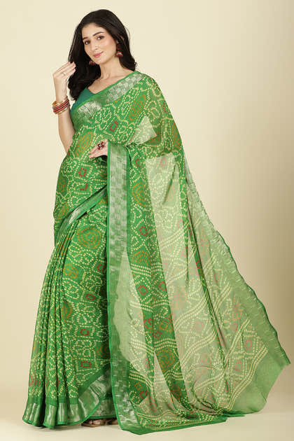 Muted Green Color Chiffon Bandhani Printed Saree
