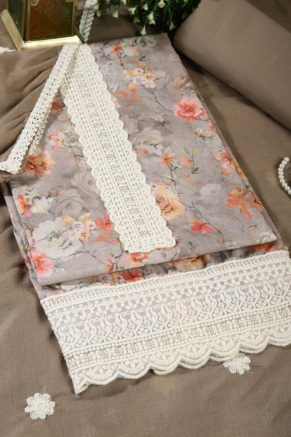 Brown Color Cotton Flower Printed and Lace Work Unstitched Suit Fabric