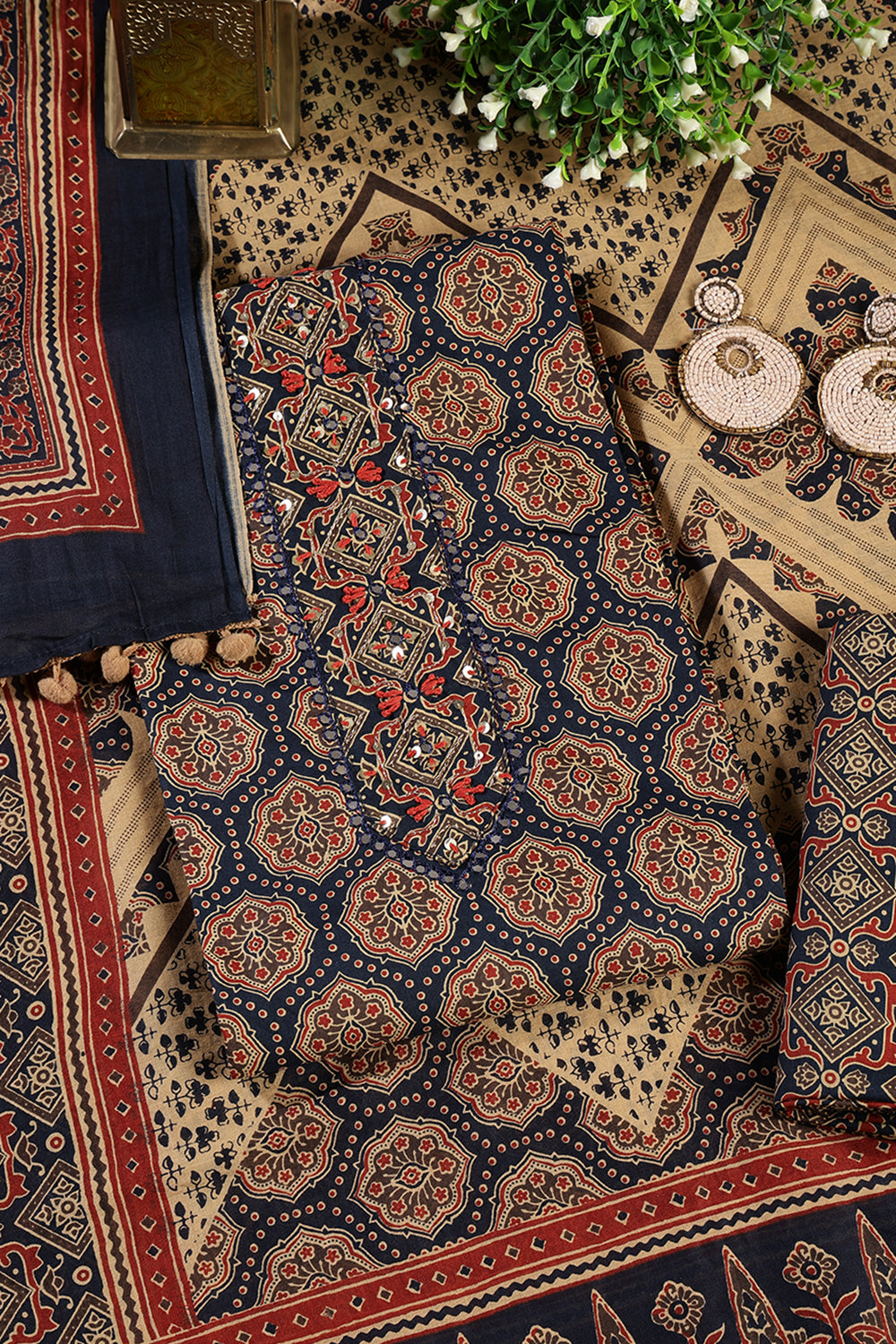 Navy Cambric Cotton Printed And Mirror Wrok Unstitched Suit Material