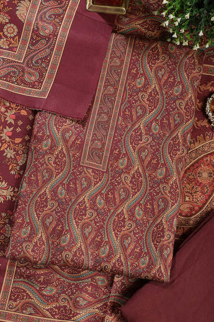 Wine Color Pashmina Digital Printed Unstitched Suit Material