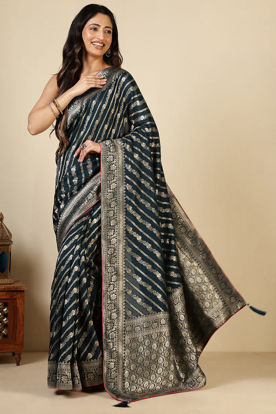 Navy Banarasi Woven Tussar Silk Saree