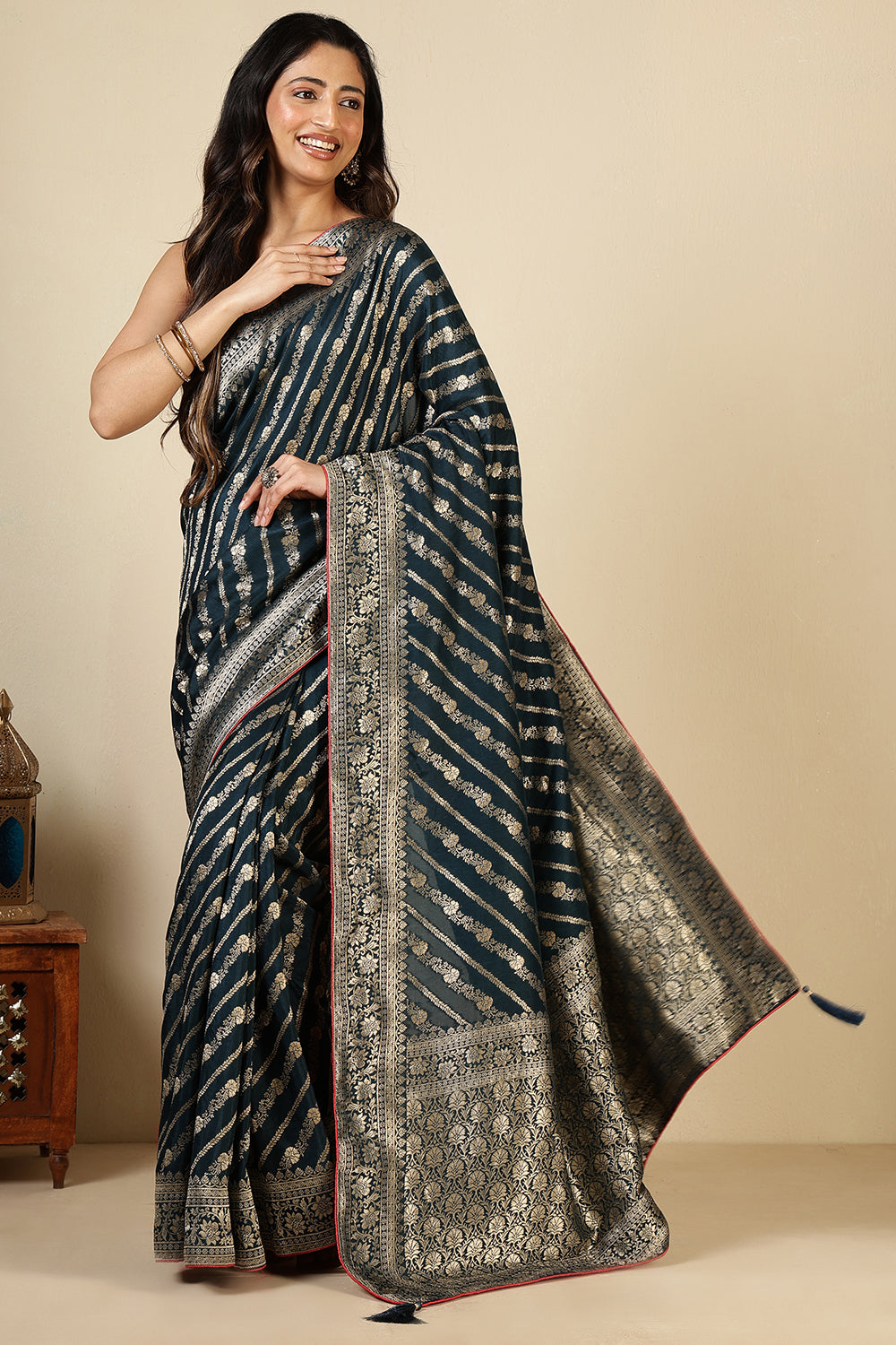 Navy Banarasi Woven Tussar Silk Saree