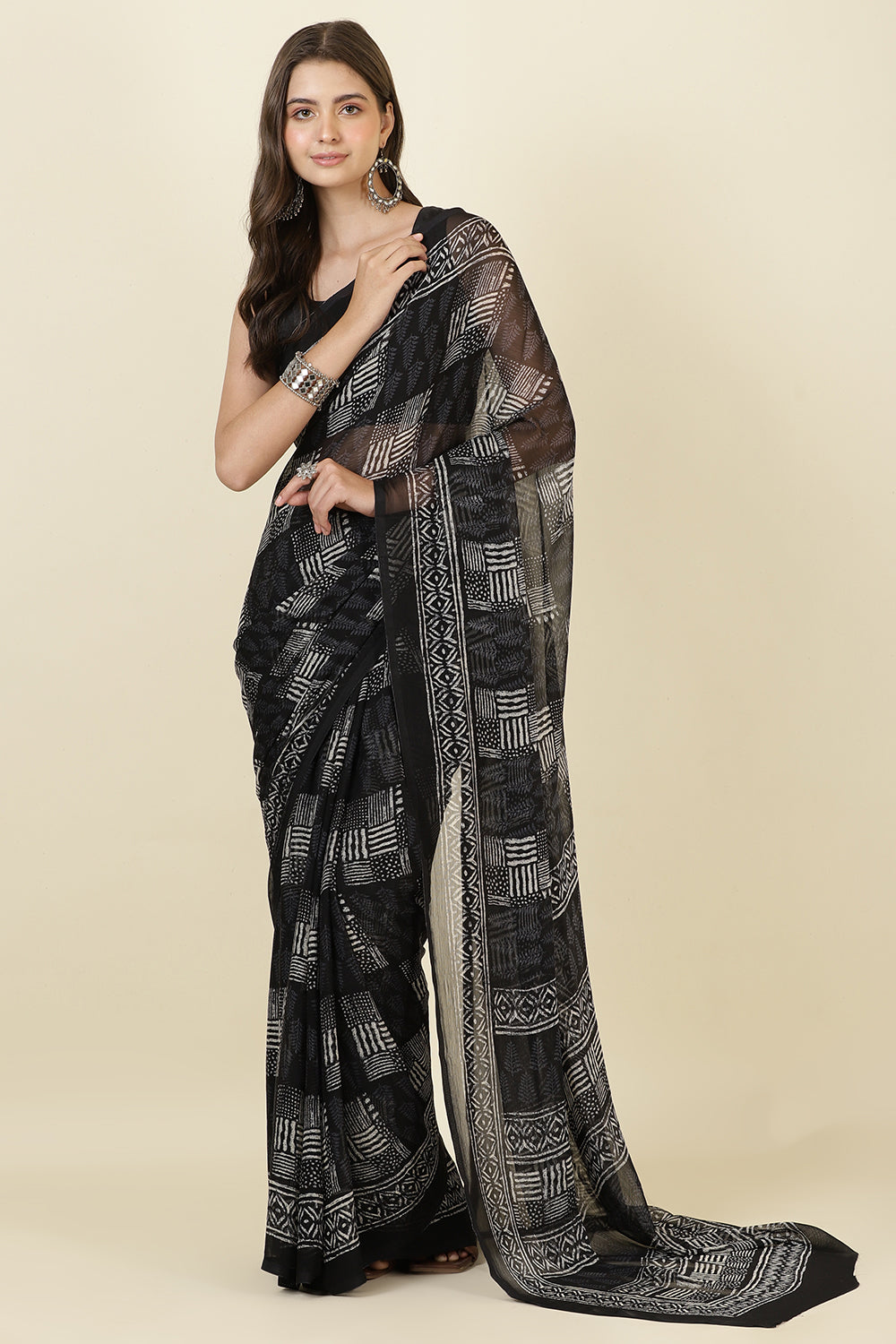 Black Printed Georgette Saree