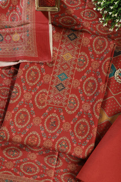 Rust Pashmina Digital Printed Unstitched Suit Material
