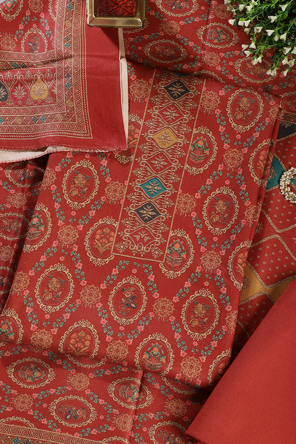 Rust Pashmina Digital Printed Unstitched Suit Material