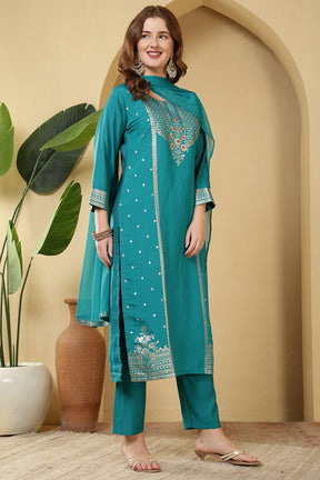 Turquoise Color Cotton Silk Printed & Neck Embroidered Suit