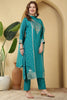 Turquoise Color Cotton Silk Printed & Neck Embroidered Suit