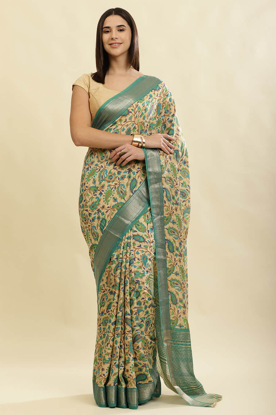 Sea Green & Beige Cotton Silk Floral Boota Printed Saree