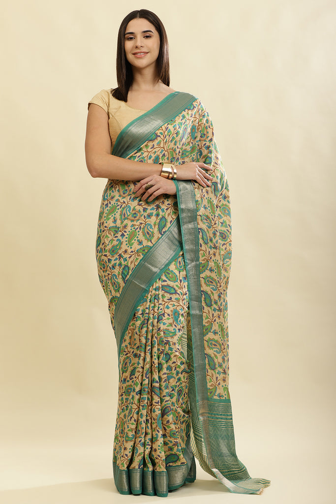 Sea Green & Beige Cotton Silk Floral Boota Printed Saree