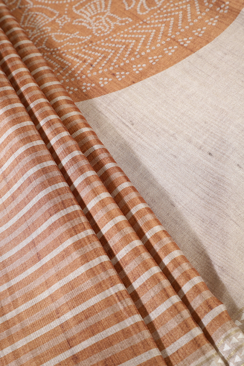 Beige And Mustard Tussar Silk Printed Saree
