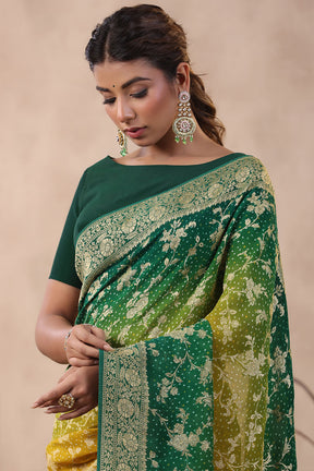 Green Color Georgette Woven & Bandhani Printed Saree