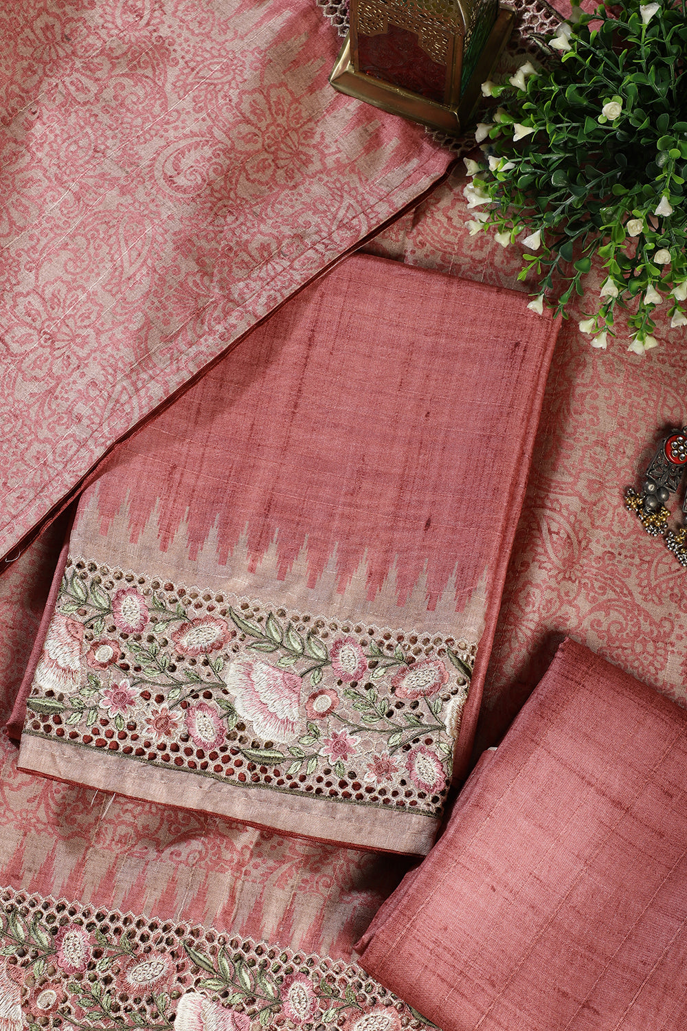 Dusty Rose Tussar Cotton Floral Lace Work Unstiched Suit Material