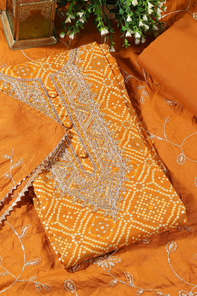Mustard Cotton Bandhani Printed And Neck Embroidered Unstitched Suit