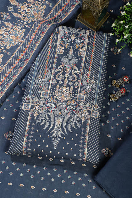 Blue Mughal-Inspired Paisley Printed Spun  Unstitched Suits Fabric