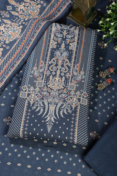 Blue Mughal-Inspired Paisley Printed Spun  Unstitched Suits Fabric