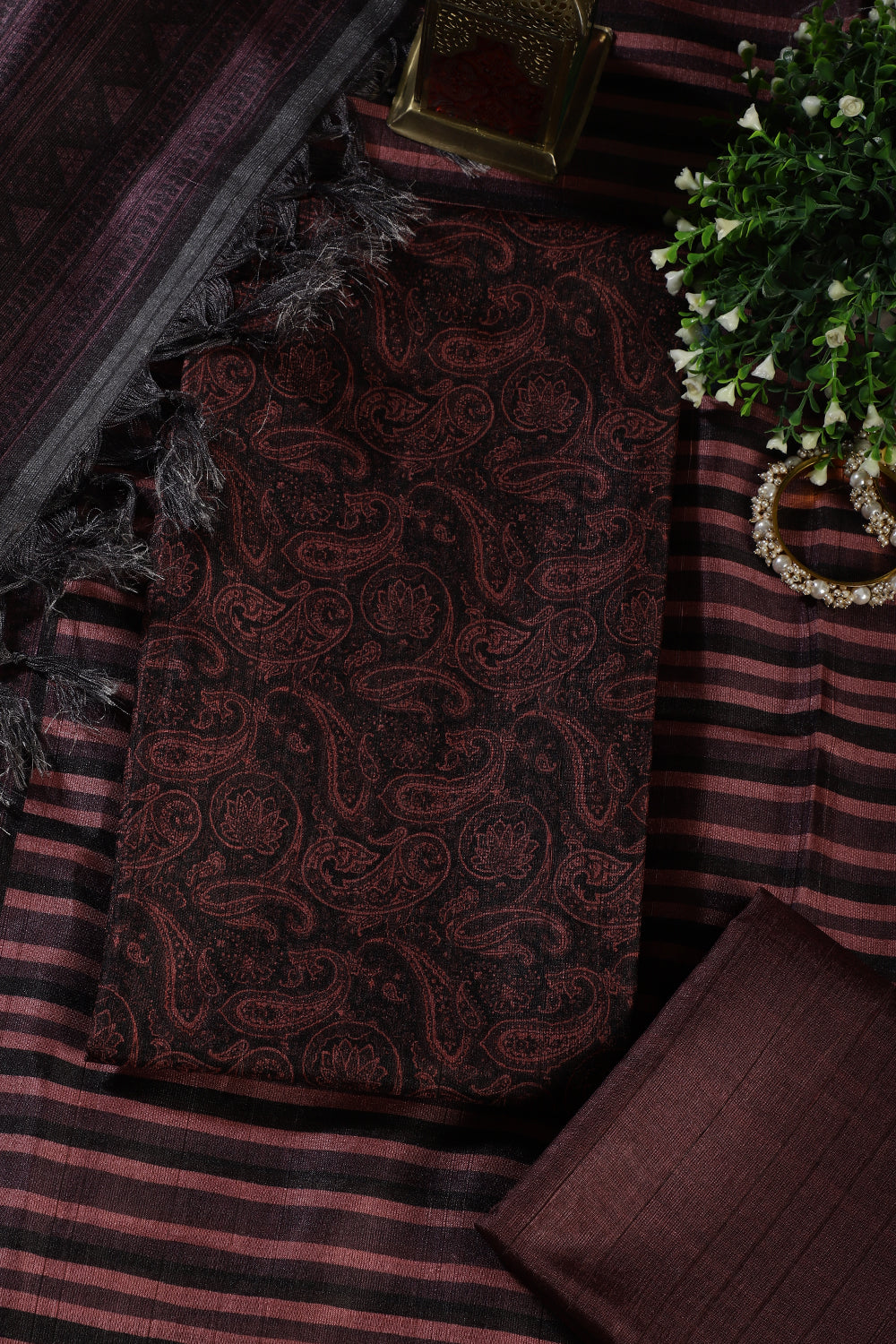 Wine & Black Digital Printed Chanderi Cotton Unstiched Suit Material