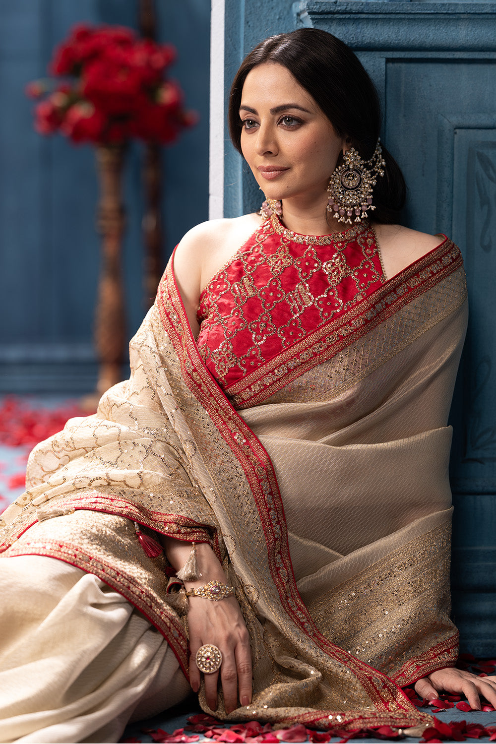 Beige Pure Metallic Tissue Sequins And Zari Embroidered Saree