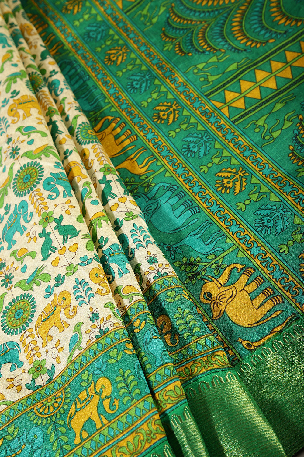 Cream & Green Color Tussar Silk Indian Folk Art Printed Saree