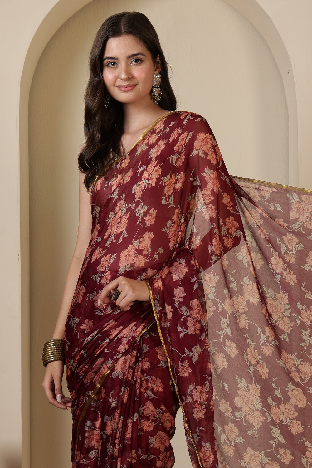 Dark Scarlet Chiffon Floral Zari Border & Floral Printed Saree