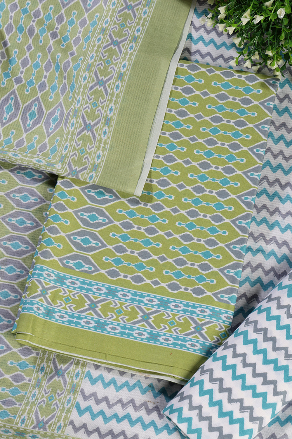 Green Malmal Cotton Printed Unstitched Suit Material