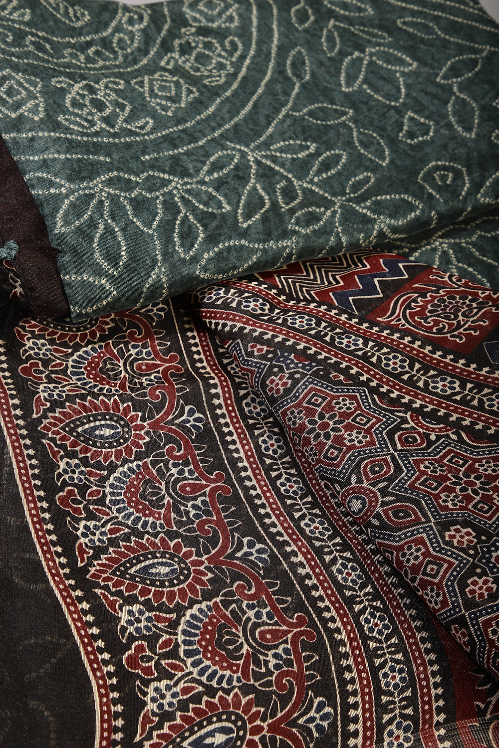 Bottle Green Color Chanderi Cotton Bandhani & Kalamkari Printed Saree