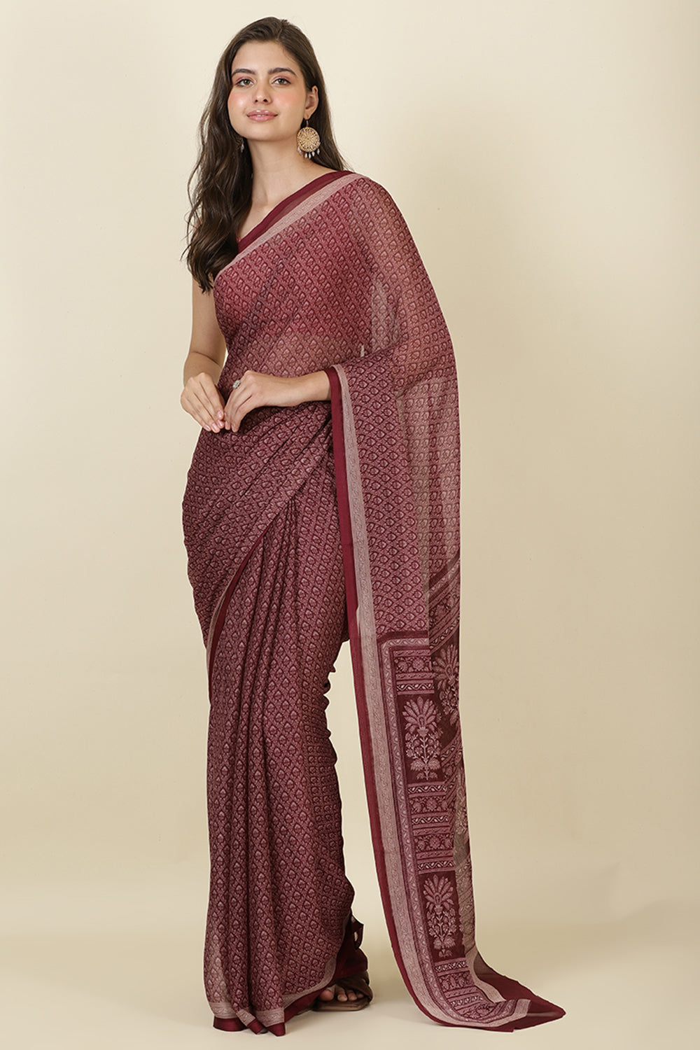 Wine Georgette Printed Saree