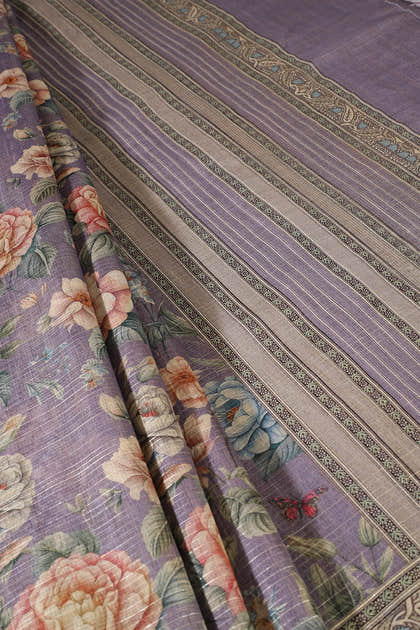 Lavendar Floral Printed Metallic Tissue Saree