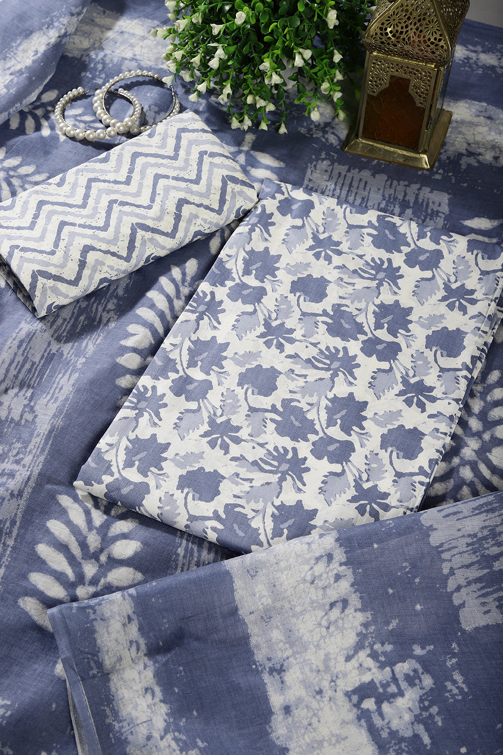 Light Blue Color Cotton Printed Unstitched Suit