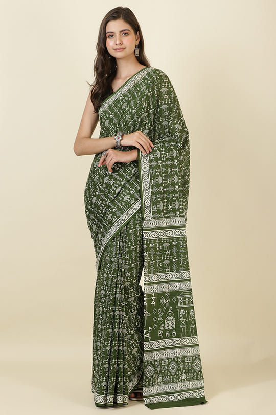 Green Cotton Dhabu Printed Saree