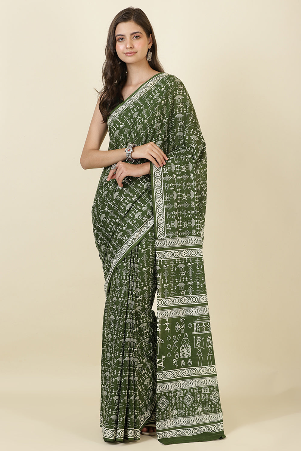 Green Cotton Dhabu Printed Saree