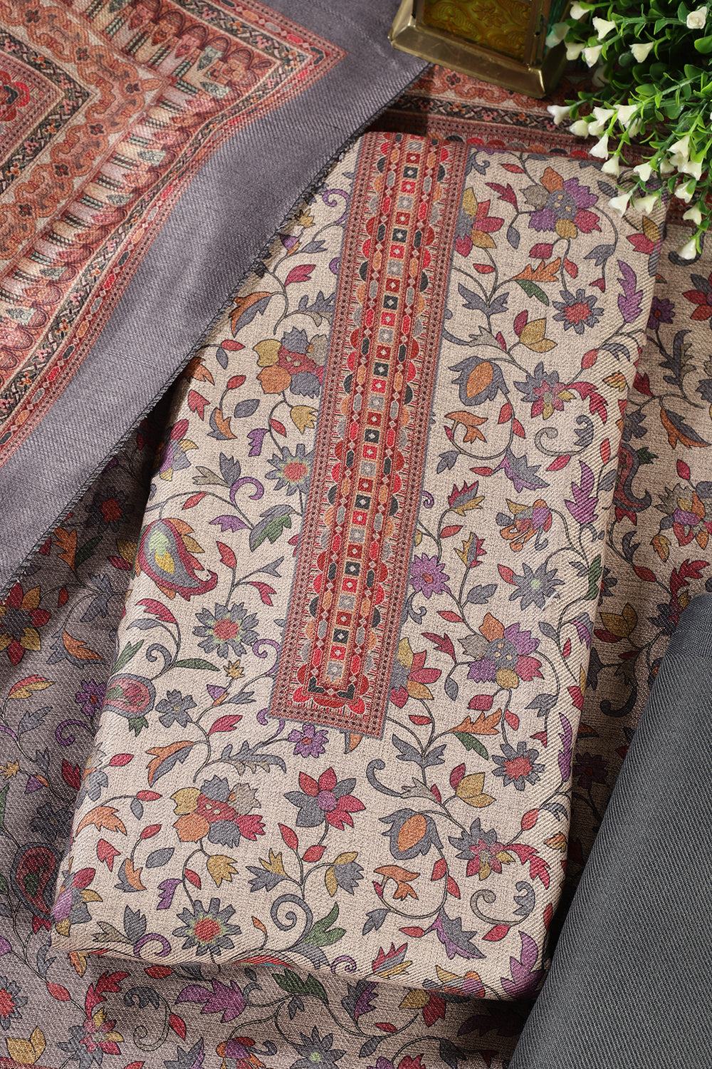 Grey Color Pashmina Floral Printed Unstitched Suit Fabric