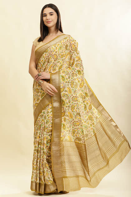 Olive Green & Beige Cotton Silk Floral Boota Printed Saree