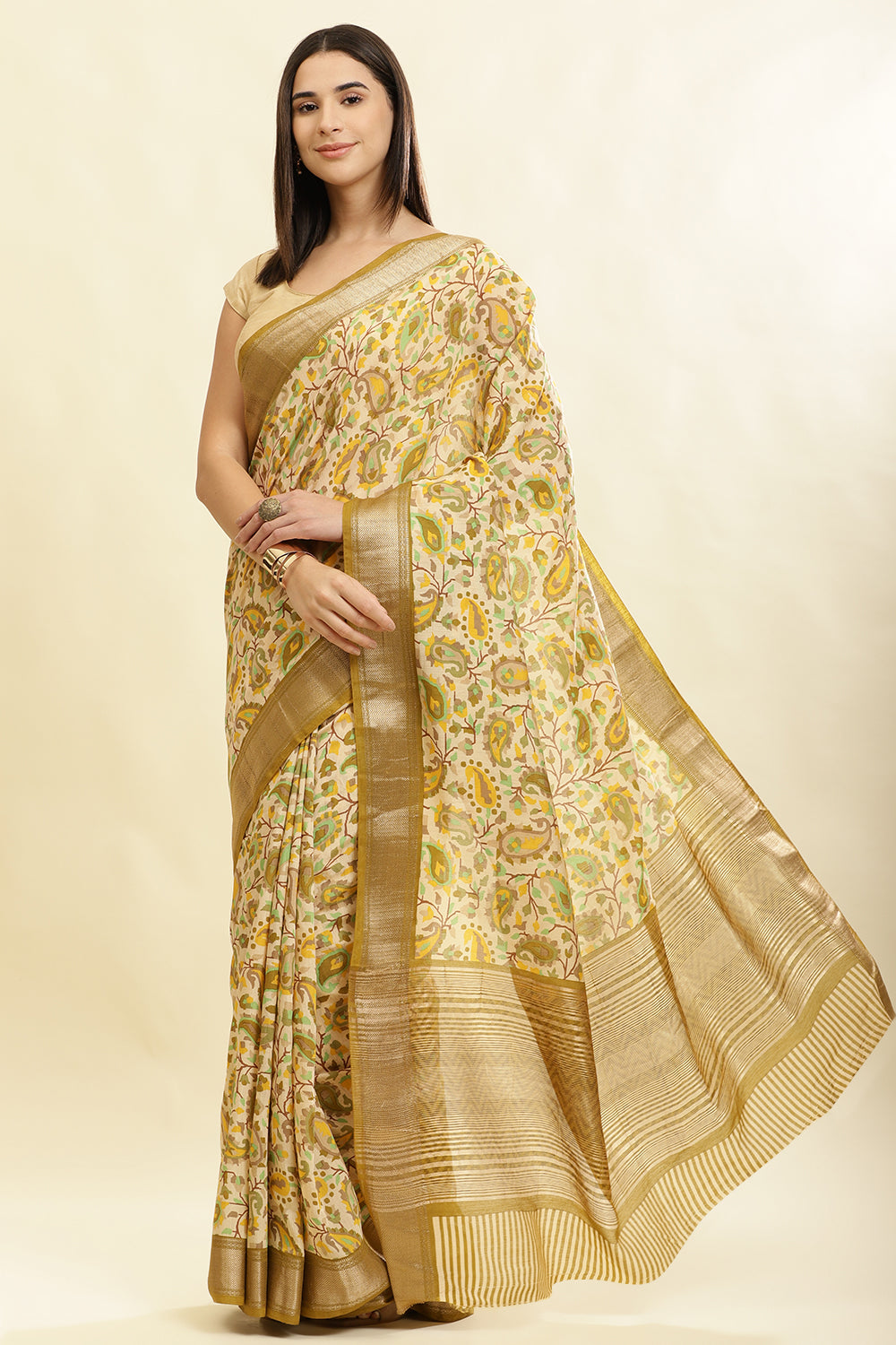 Olive Green & Beige Cotton Silk Floral Boota Printed Saree