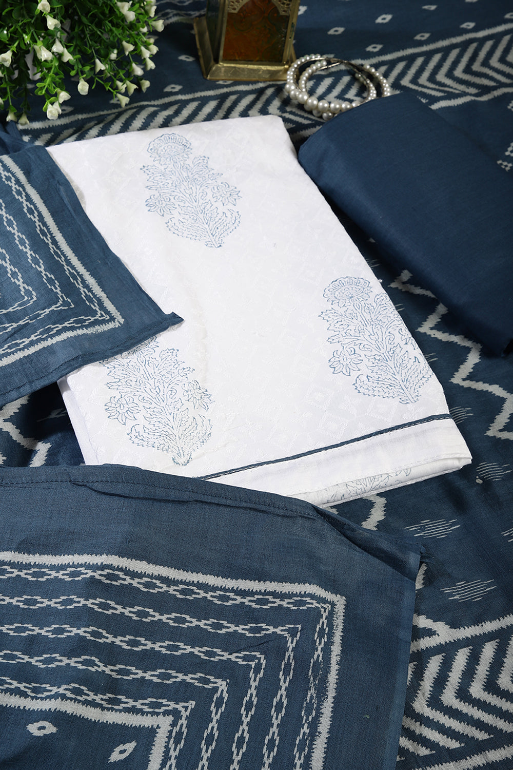White & Indigo Color Cotton Printed Unstitched Suit