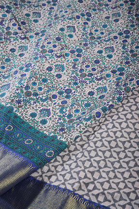 Grey & Blue Color Tussar Silk Blossom Printed Saree