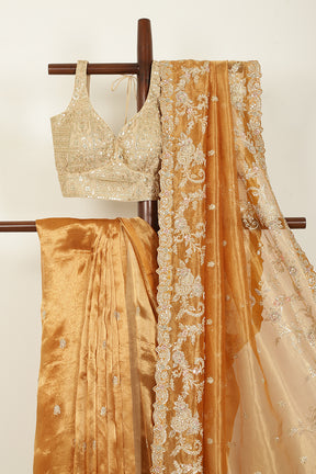 Mustard Gold Color Pure Tissue Handloom Saree with Sequence & Zardozi Handwork
