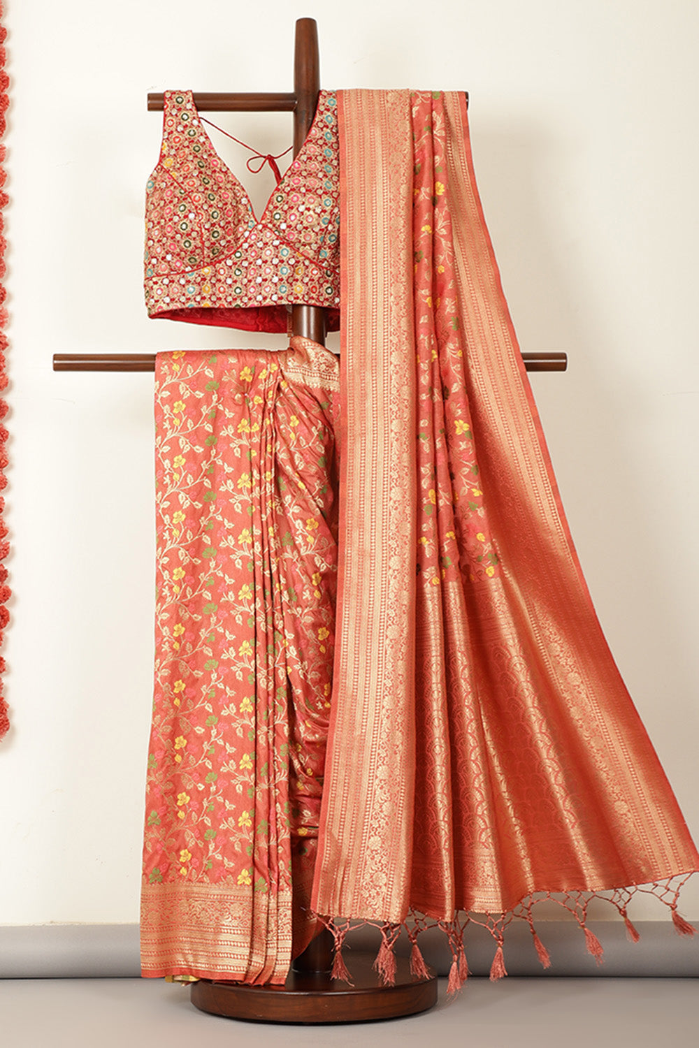 Peach Silk Zari & Resham Woven Saree