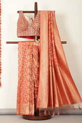 Peach Silk Zari & Resham Woven Saree