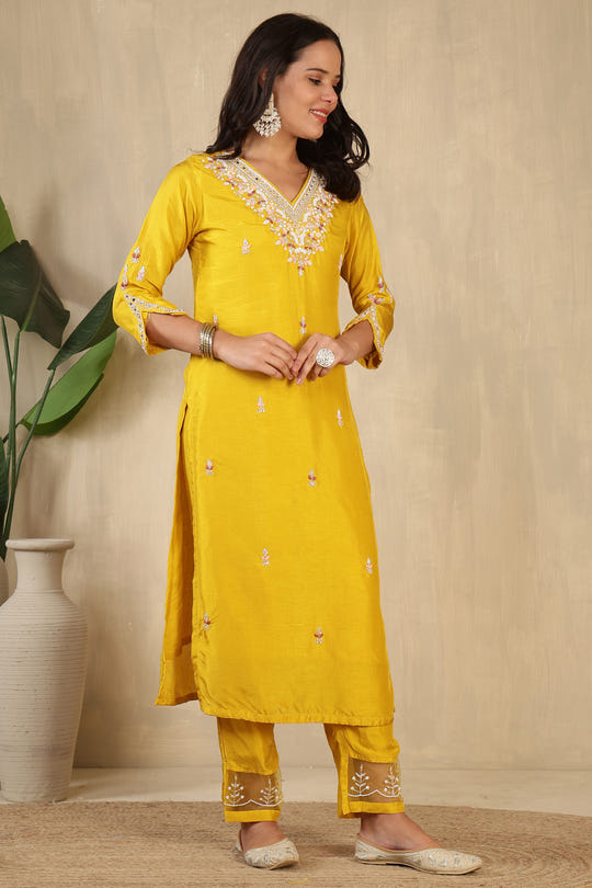 Mustard Neck Embroidered Silk Suit