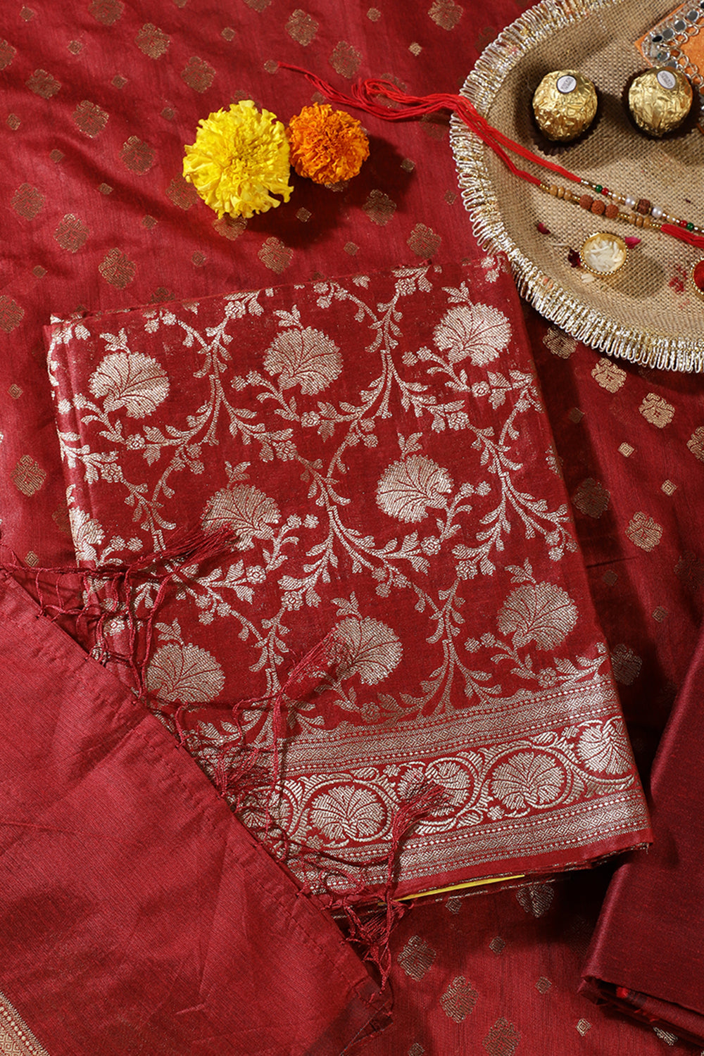 Maroon Colour Zari Woven Silk Unstitched Suit Fabric