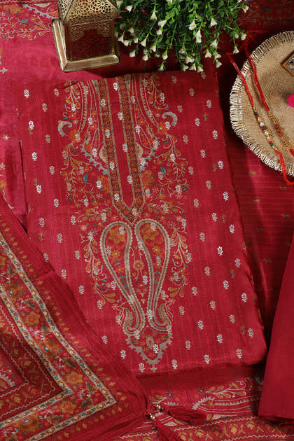 Red Zari Woven And Printed Silk Unstitched Suit Material